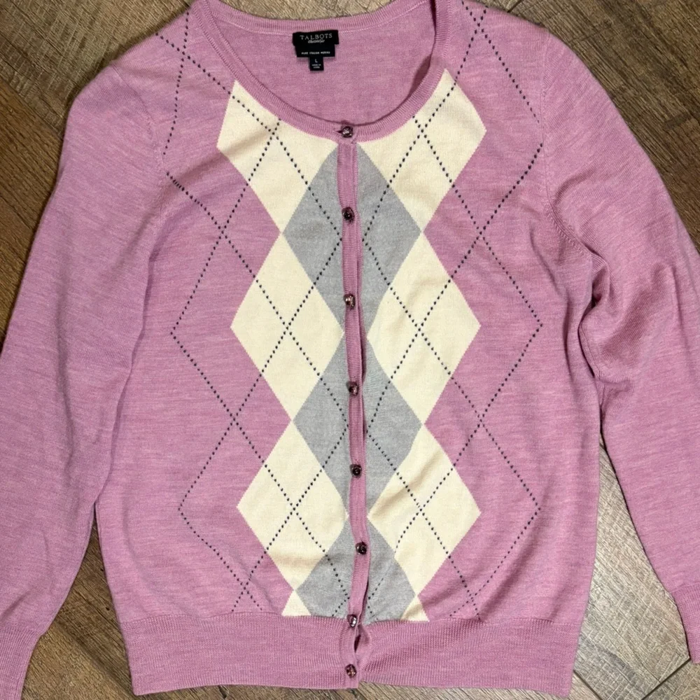 Talbots Argyle Cardigan L 100% Merino Wool Jewel Button Pink Gray Preppy Classic
